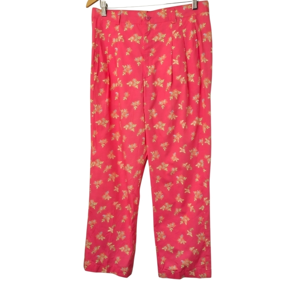 Lilly Pulitzer Pink Floral Cropped Pants Womens 32 Pleated Ankle Length Resort